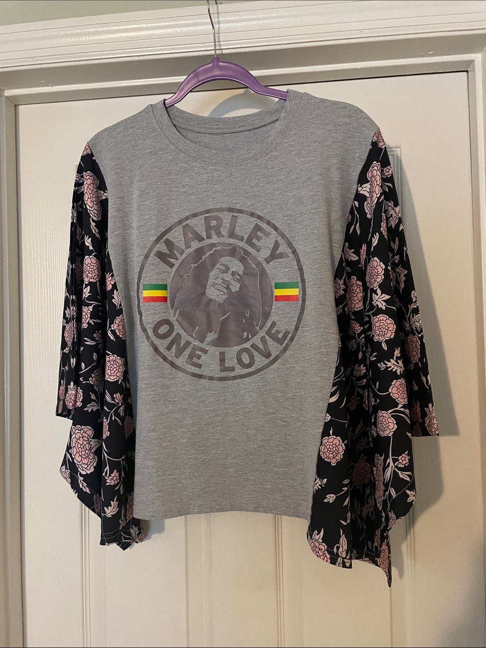 Marley "One Love" Graphic Top with Floral Sleeves - Poncho Style - OSFM